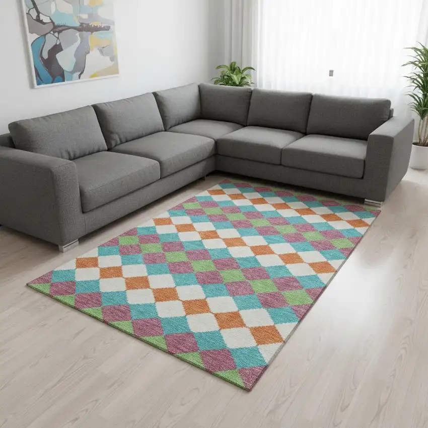 Blush Green And Teal Geometric Washable Area Rug With UV Protection Photo 2