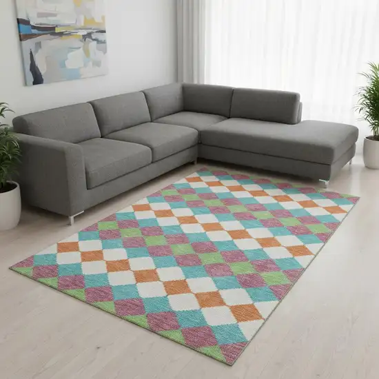 Blush Green And Teal Geometric Washable Area Rug With UV Protection Photo 2