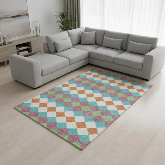 Blush Green And Teal Geometric Washable Area Rug With UV Protection Photo 2