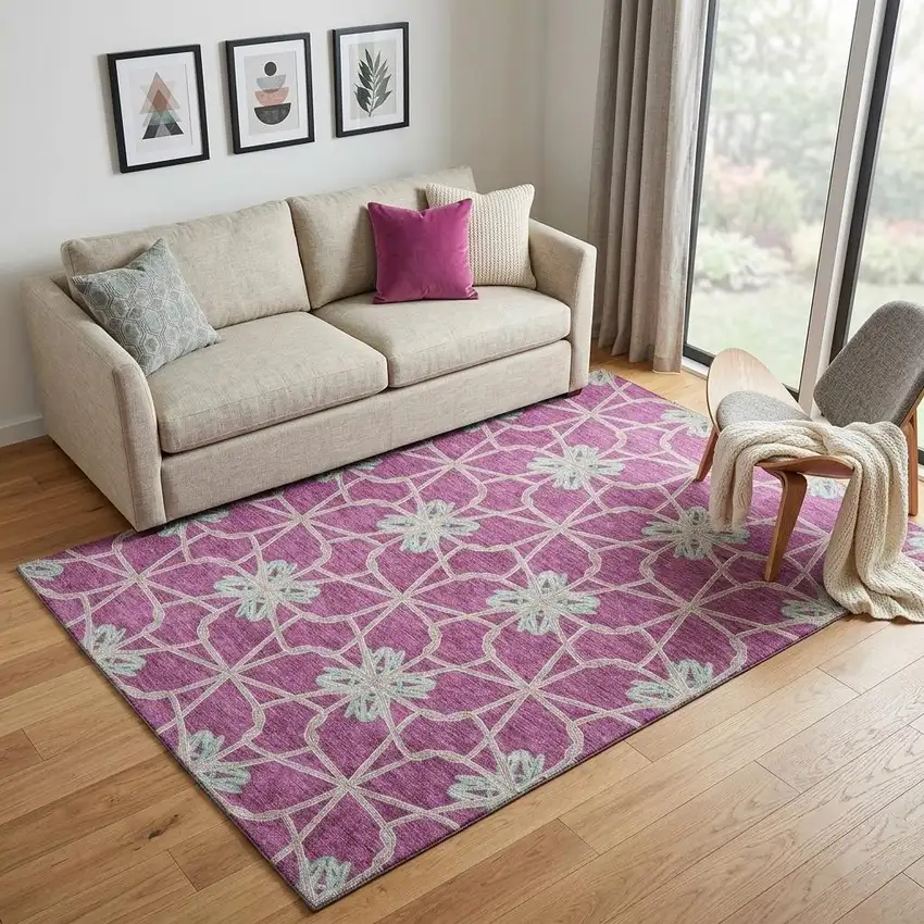 Blush Ivory And Beige Geometric Washable Area Rug With UV Protection Photo 1