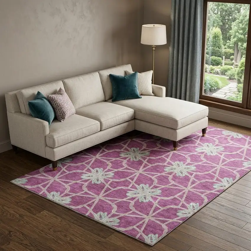 Blush Ivory And Beige Geometric Washable Area Rug With UV Protection Photo 1