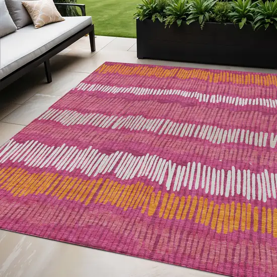 Blush Ivory And Brown Striped Washable Indoor Outdoor Area Rug Photo 1