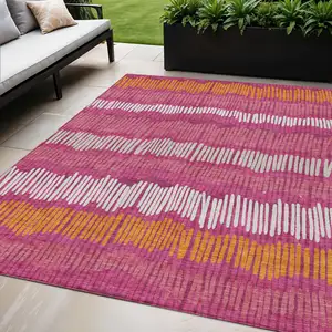Photo of Blush Ivory And Brown Striped Washable Indoor Outdoor Area Rug