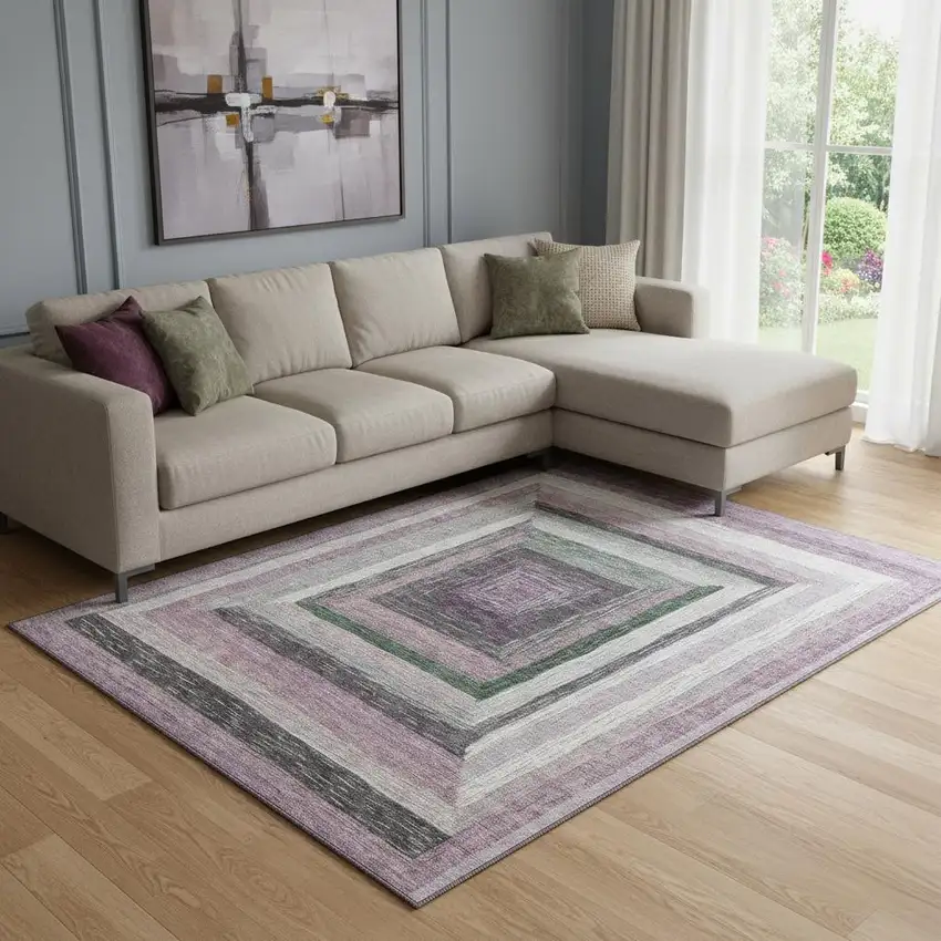 Blush Ivory And Charcoal Geometric Washable Area Rug With UV Protection Photo 2