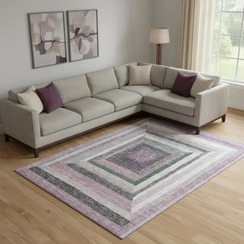 Blush Ivory And Charcoal Geometric Washable Area Rug With UV Protection Photo 2