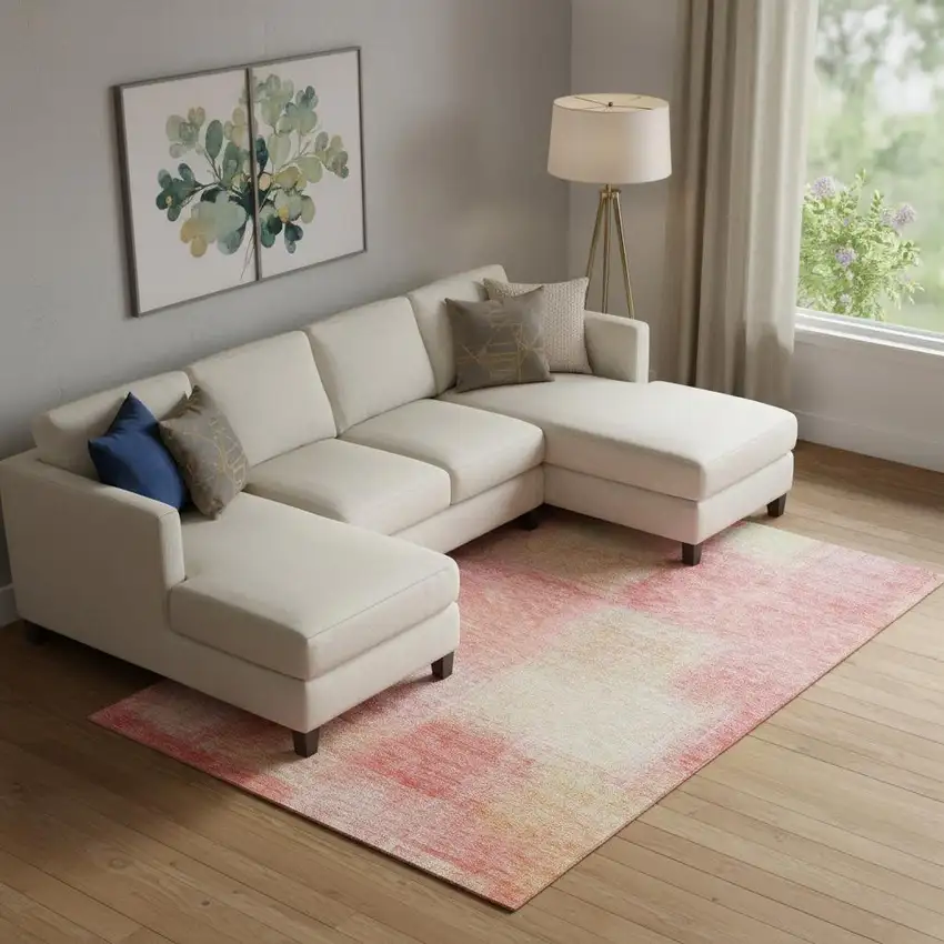 Blush Ivory And Copper Abstract Washable Area Rug With UV Protection Photo 1