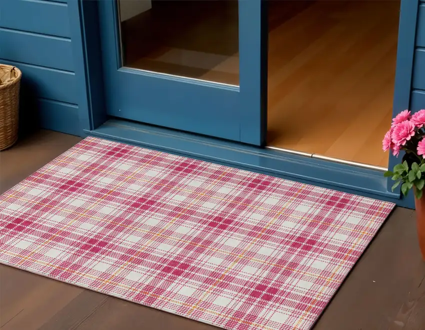 Blush Ivory And Copper Plaid Washable Indoor Outdoor Area Rug Photo 1