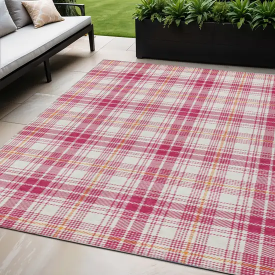 Blush Ivory And Copper Plaid Washable Indoor Outdoor Area Rug Photo 1