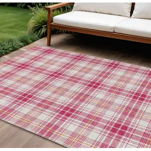 Photo of Blush Ivory And Copper Plaid Washable Indoor Outdoor Area Rug