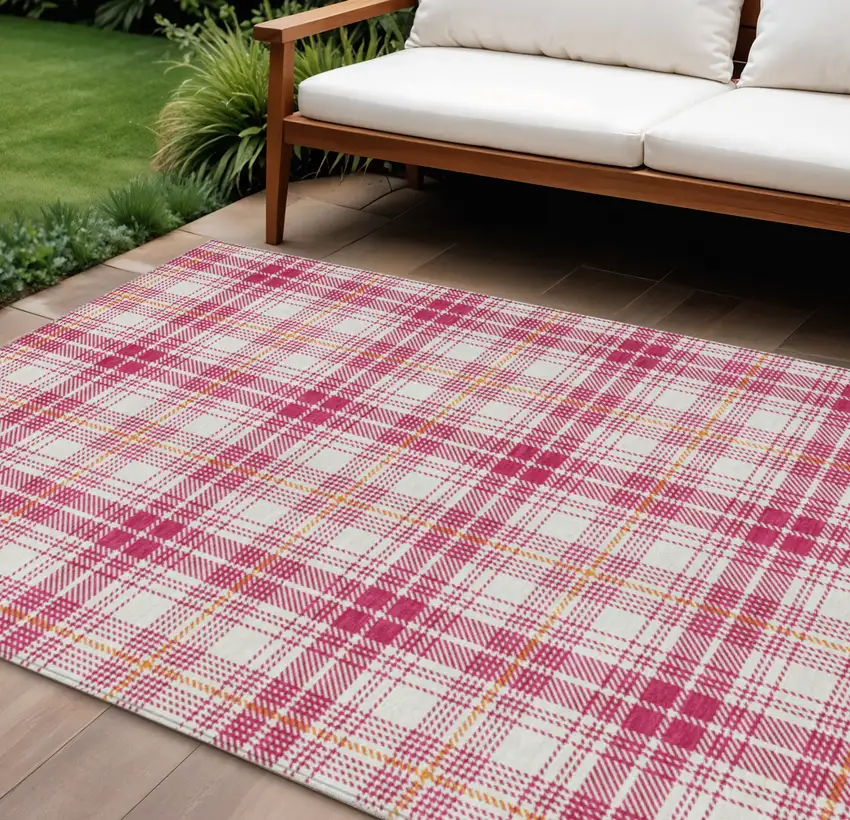 Blush Ivory And Copper Plaid Washable Indoor Outdoor Area Rug Photo 1