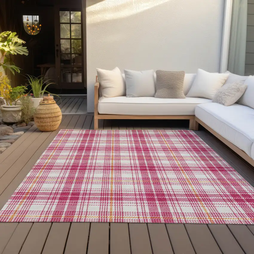 Blush Ivory And Copper Plaid Washable Indoor Outdoor Area Rug Photo 7