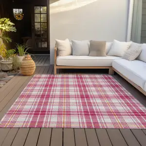 Photo of Blush Ivory And Copper Plaid Washable Indoor Outdoor Area Rug