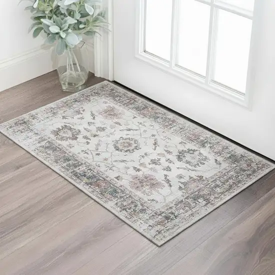 Blush Ivory And Denim Blue Oriental Washable Area Rug With UV Protection Photo 2
