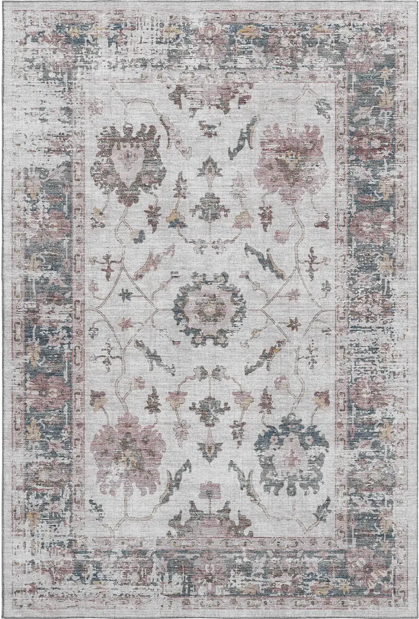 Blush Ivory And Denim Blue Oriental Washable Area Rug With UV Protection Photo 1