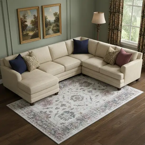 Blush Ivory And Denim Blue Oriental Washable Area Rug With UV Protection Photo 2