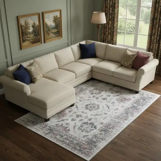 Blush Ivory And Denim Blue Oriental Washable Area Rug With UV Protection Photo 2