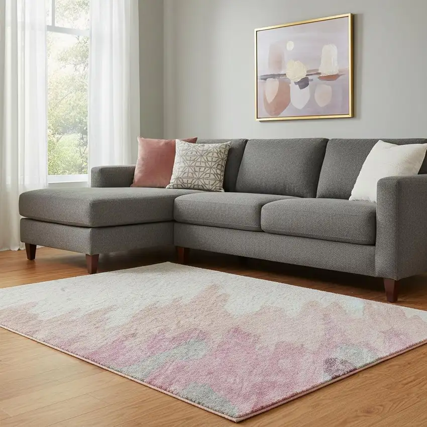 Blush Ivory And Gray Abstract Washable Area Rug With UV Protection Photo 2