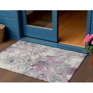 Photo of Blush Ivory And Gray Floral Washable Indoor Outdoor Area Rug