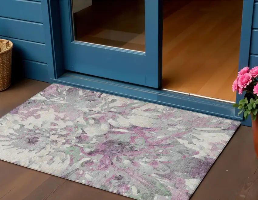 Blush Ivory And Gray Floral Washable Indoor Outdoor Area Rug Photo 1