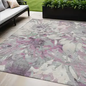 Photo of Blush Ivory And Gray Floral Washable Indoor Outdoor Area Rug