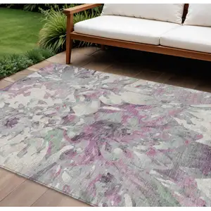 Photo of Blush Ivory And Gray Floral Washable Indoor Outdoor Area Rug