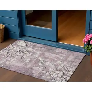 Photo of Blush Ivory And Gray Floral Washable Indoor Outdoor Area Rug