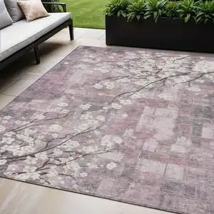 Photo of Blush Ivory And Gray Floral Washable Indoor Outdoor Area Rug