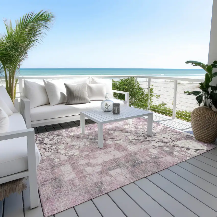 Blush Ivory And Gray Floral Washable Indoor Outdoor Area Rug Photo 9