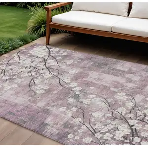 Photo of Blush Ivory And Gray Floral Washable Indoor Outdoor Area Rug