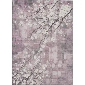 Photo of Blush Ivory And Gray Floral Washable Indoor Outdoor Area Rug