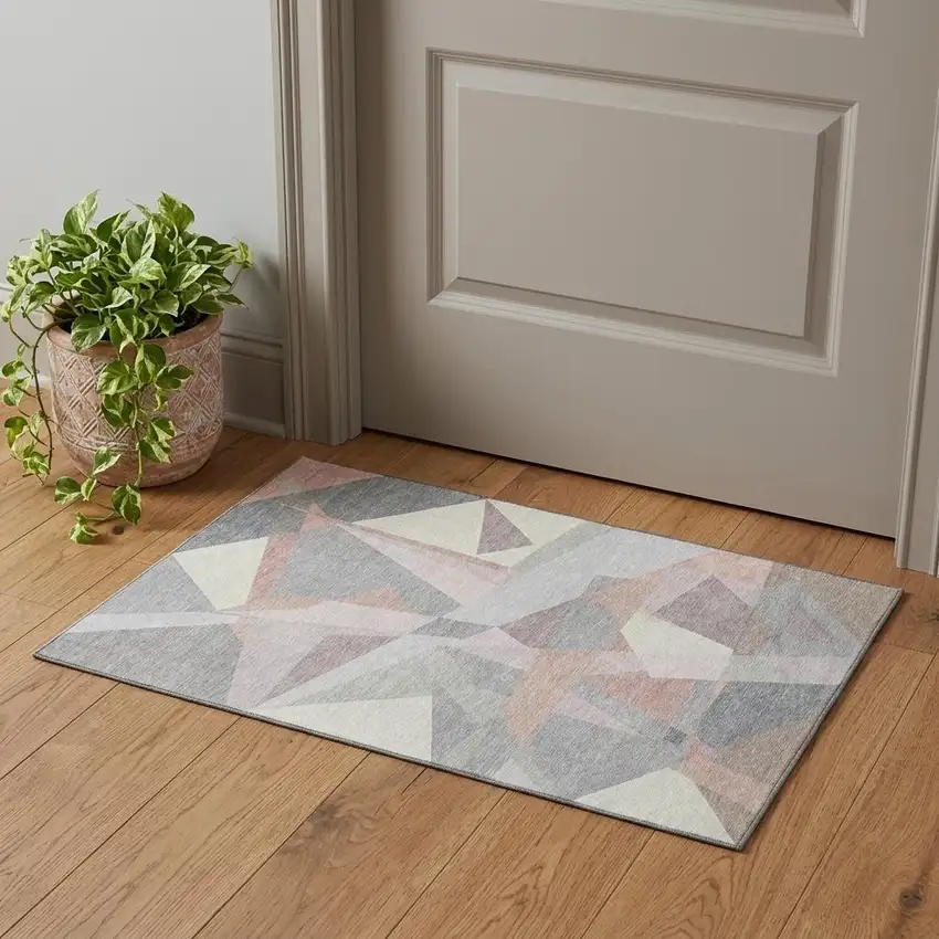 Blush Ivory And Gray Geometric Washable Area Rug With UV Protection Photo 1