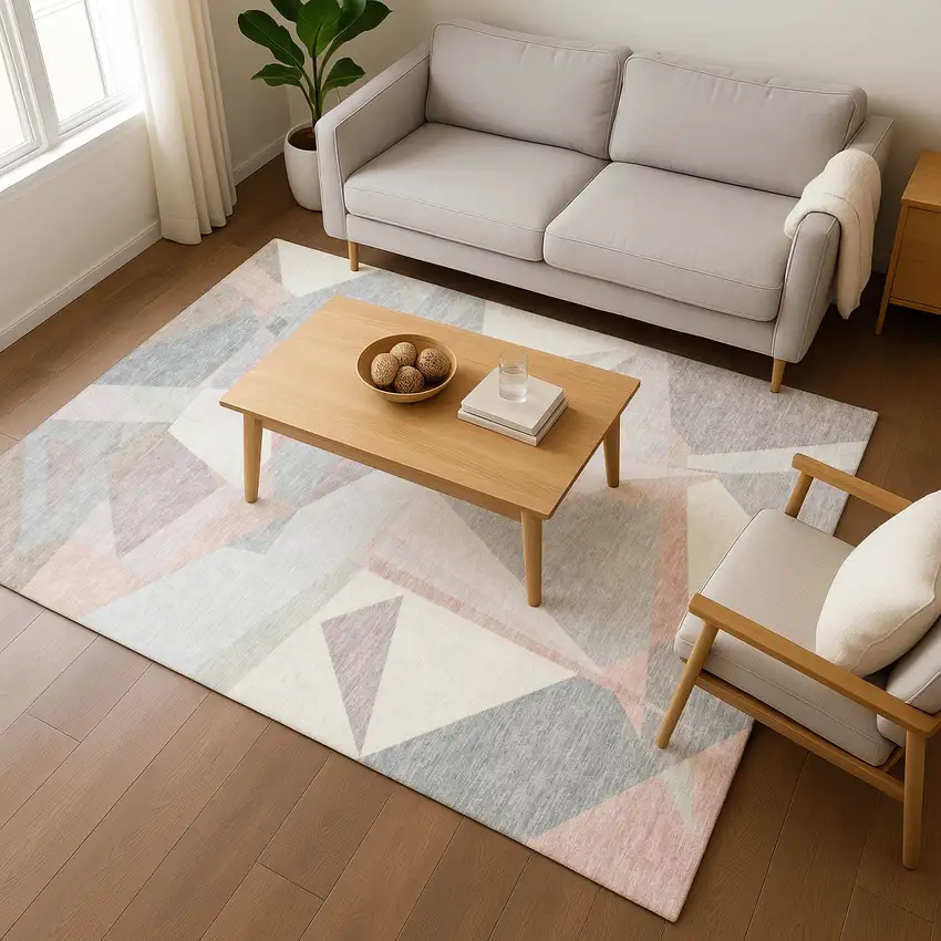 Blush Ivory And Gray Geometric Washable Area Rug With UV Protection Photo 5