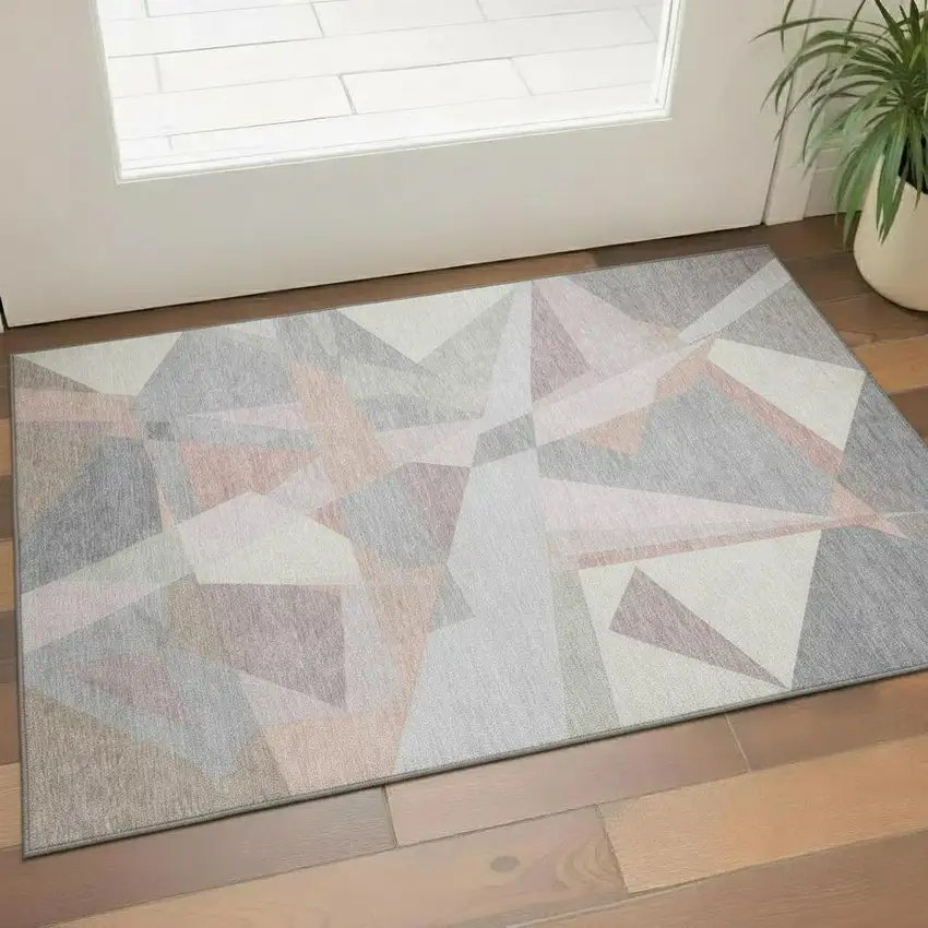 Blush Ivory And Gray Geometric Washable Area Rug With UV Protection Photo 2