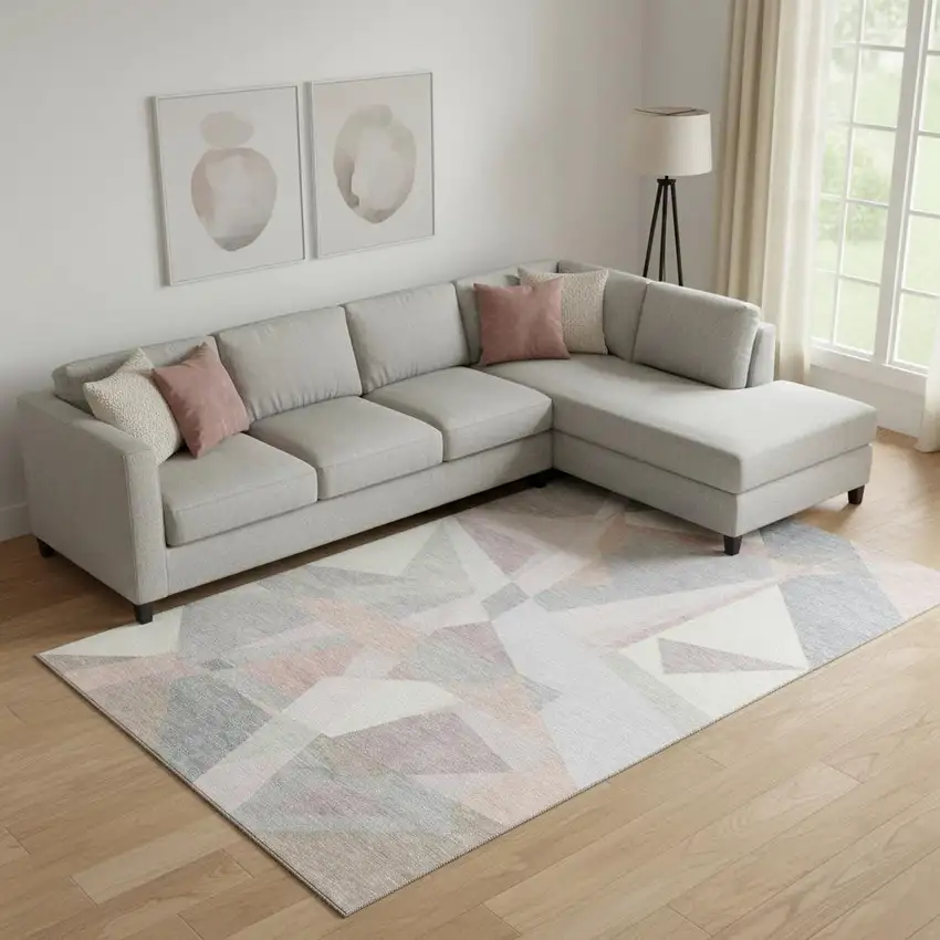 Blush Ivory And Gray Geometric Washable Area Rug With UV Protection Photo 2