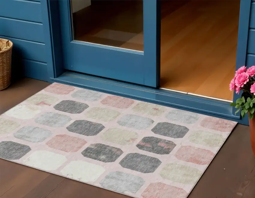 Blush Ivory And Gray Geometric Washable Indoor Outdoor Area Rug Photo 2