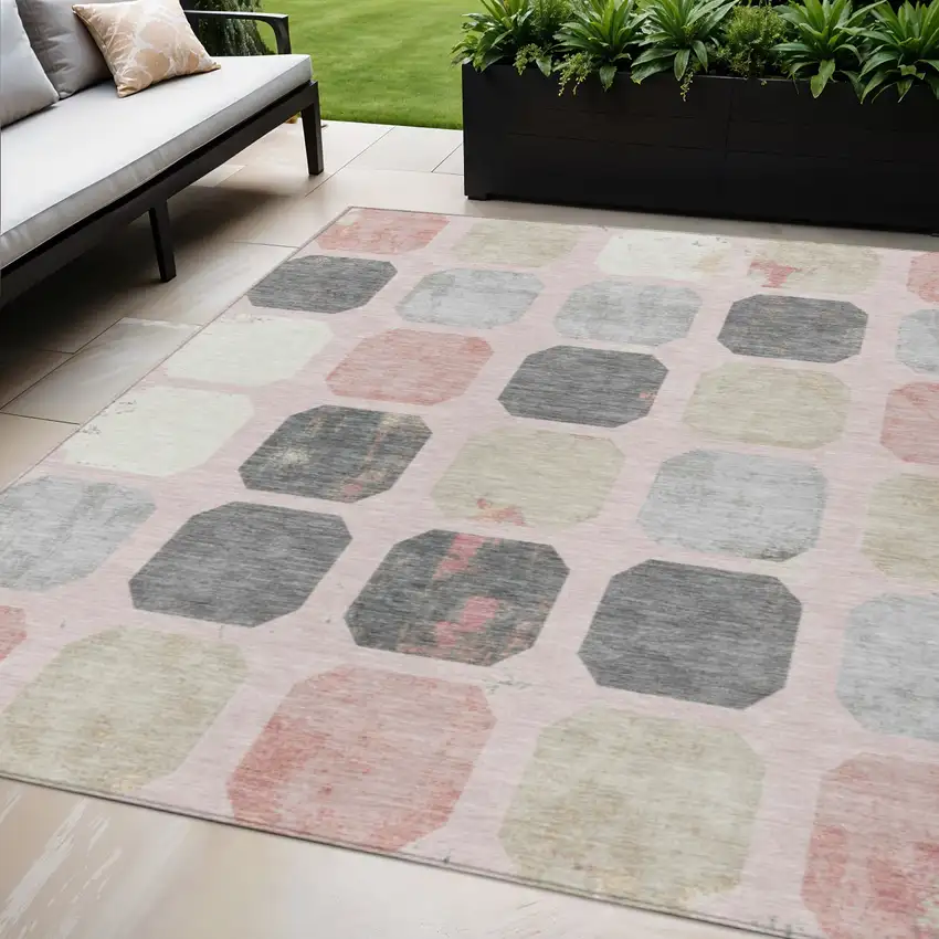 Blush Ivory And Gray Geometric Washable Indoor Outdoor Area Rug Photo 2
