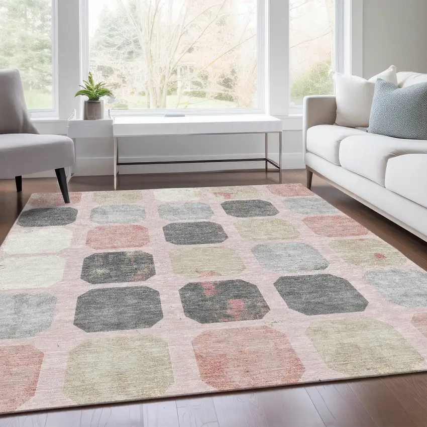 Blush Ivory And Gray Geometric Washable Indoor Outdoor Area Rug Photo 8