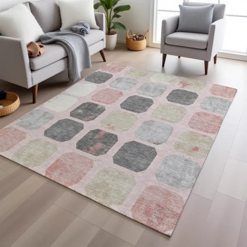 Blush Ivory And Gray Geometric Washable Indoor Outdoor Area Rug Photo 7