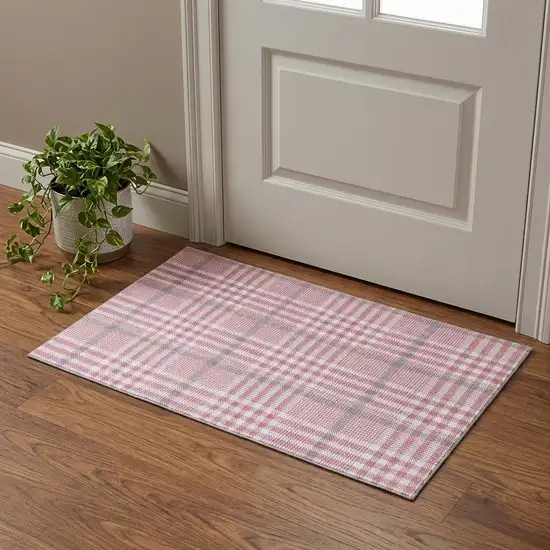 Blush Ivory And Gray Plaid Washable Area Rug With UV Protection Photo 1