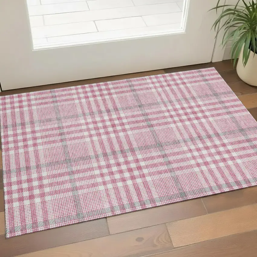 Blush Ivory And Gray Plaid Washable Area Rug With UV Protection Photo 1