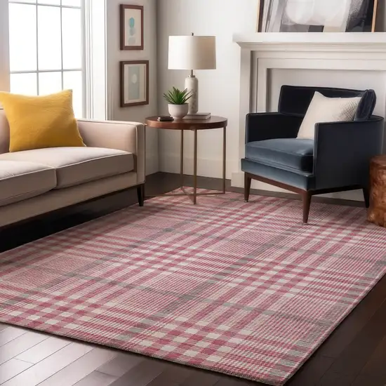 Blush Ivory And Gray Plaid Washable Area Rug With UV Protection Photo 4