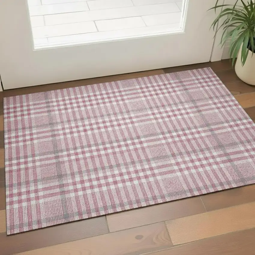 Blush Ivory And Gray Plaid Washable Area Rug With UV Protection Photo 2