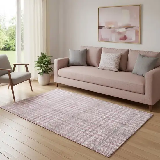 Blush Ivory And Gray Plaid Washable Area Rug With UV Protection Photo 2