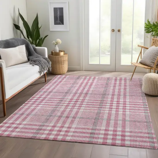 Blush Ivory And Gray Plaid Washable Area Rug With UV Protection Photo 4