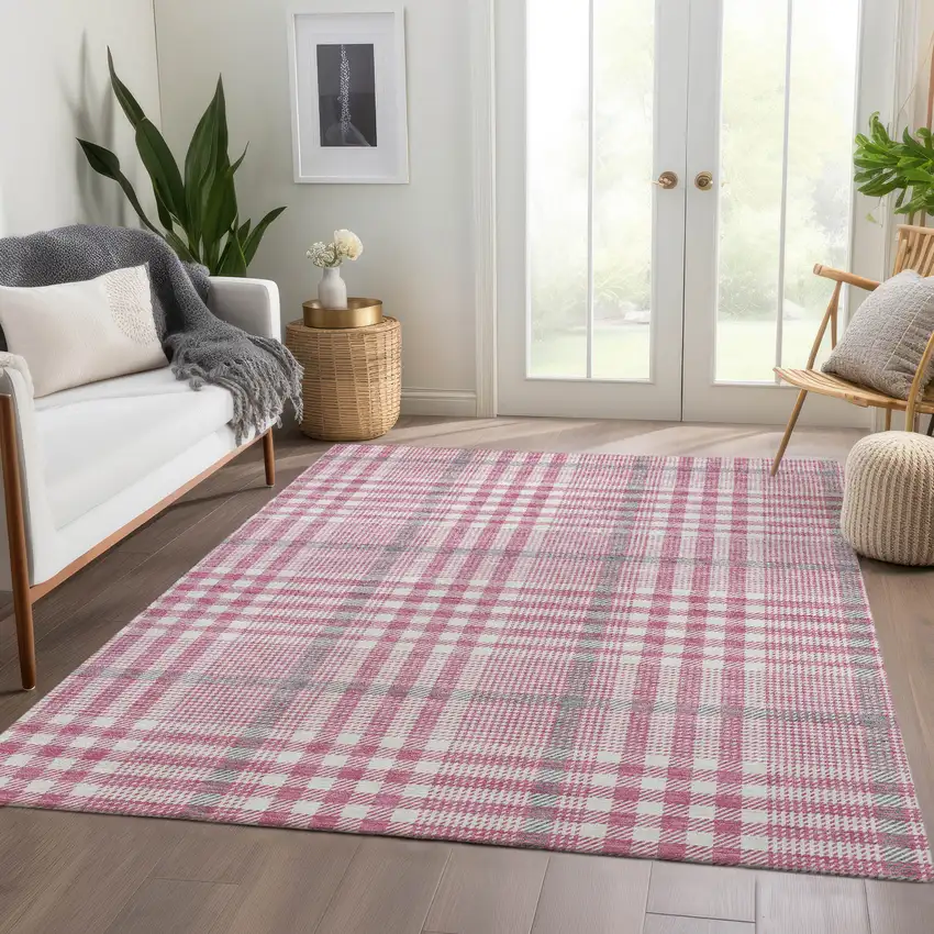 Blush Ivory And Gray Plaid Washable Area Rug With UV Protection Photo 4