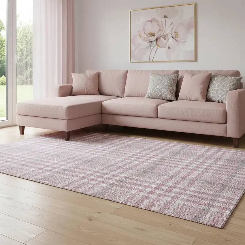 Blush Ivory And Gray Plaid Washable Area Rug With UV Protection Photo 2