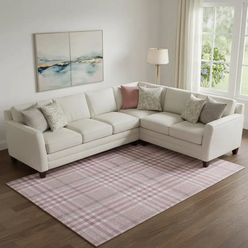 Blush Ivory And Gray Plaid Washable Area Rug With UV Protection Photo 2