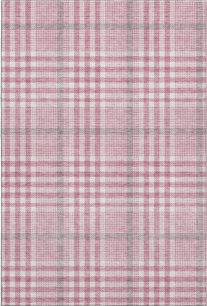 Blush Ivory And Gray Plaid Washable Area Rug With UV Protection Photo 1