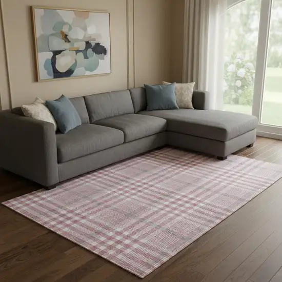 Blush Ivory And Gray Plaid Washable Area Rug With UV Protection Photo 2