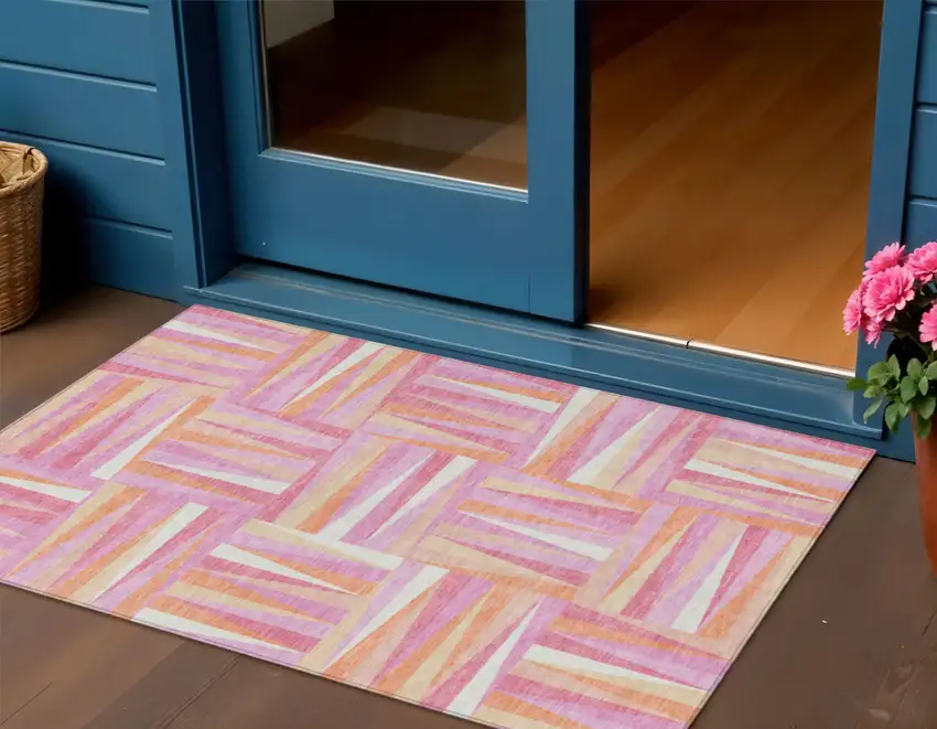 Blush Ivory And Orange Geometric Washable Indoor Outdoor Area Rug Photo 1